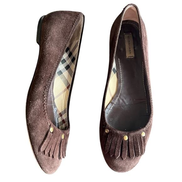 Burberry Women’s Round Toe Vintage Brown Suede Fringe Nova Check Ballet Flats 37 - Picture 1 of 11
